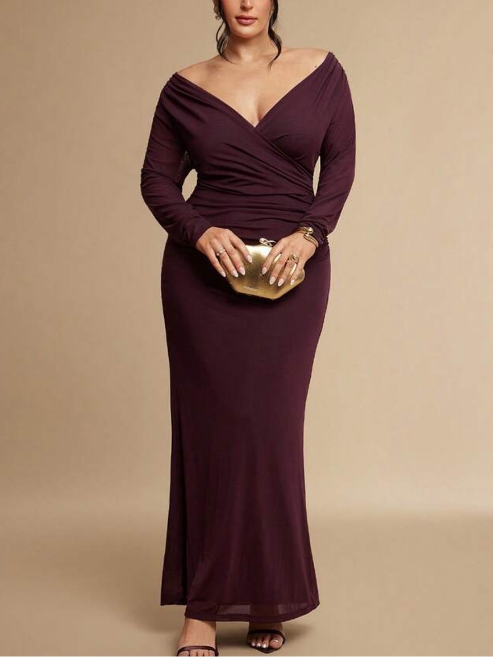 Off-Shoulder Wrap Maxi Dress in Plum